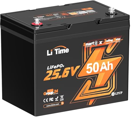 LiTime Batería Litio 24V 50Ah con Bluetooth, 50A BMS y Protección Baja Temperatura, 4000+ Ciclos, Batería LiFePO4 24V para Barcos, Motor Electrico Fueraborda, Motores Trolling, Aplicación Fuera Red