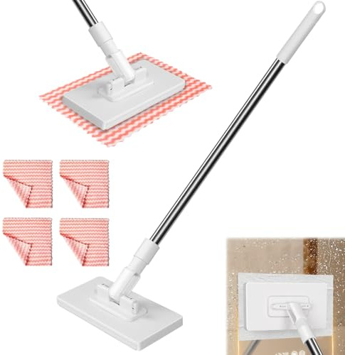 Serpillère avec Système de Serrage à Pression, Automatic Cloth Changing Mini Mop, avec 4 Chiffons Microfibre, Mini Balai Mains Libres, Balai à Plat Serpillere, Rotative à 360°, pour Cheveux, Saleté