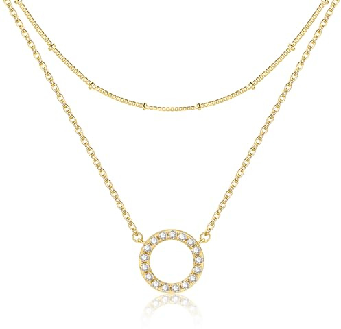 Halskette Damen Gold Silber 925 Layered Mehrschichtig Halsketten Geschenk | Halskette Damen Gold Silber 925 Layered Perlen Herz Zirkonia Tropfen Viereck Runder Anhänger Modeschmuck Hypoallergen