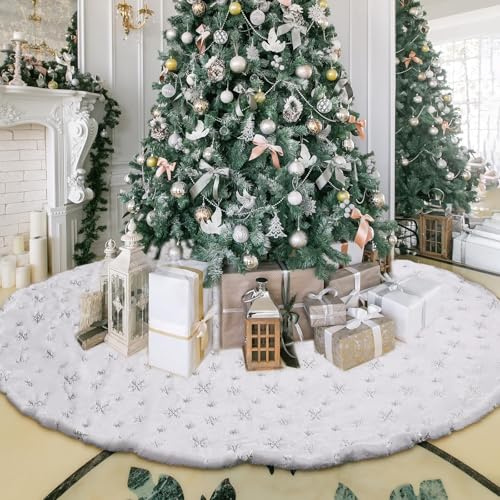 Saituo Home 78CM Weihnachtsteppich, Schneeflocken Pailletten Weihnachtsbaumdecke Rund, Weiß Christbaum Weihnachtsdecke, Rund Decke Weihnachten für Weihnachtsbäume Verschiedene Kunstbäume Christbäume