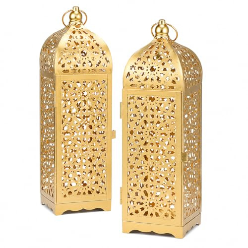 JHY DESIGN 2er-Pack Vintage dekorative Kerzenlaternen, 31,5 cm hoch, Metall-Marokkanische Hängelaternen mit hohlem Muster für Wohnkultur, Wohnzimmer, Garten, Partys, Events, drinnen und draußen (Gold)
