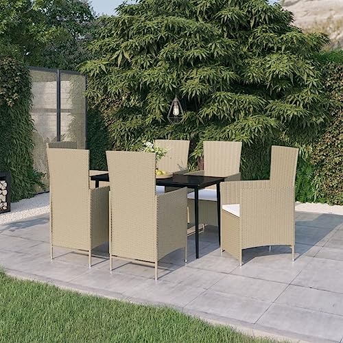 QJBSAVVA Gartenmöbel Set 7-TLG Rattan-Essgruppe mit Verstellbarer Rückenlehne 140x70x74 cm Beige/Schwarz mit 6 Klappstühlen für Balkon Terrasse Camping