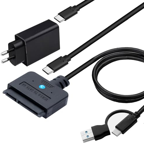 FARBOKO Adaptador USB SATA 2 en 1 con fuente 30W, USB C/USB 3.0 a SATA 5Gbps, compatible UASP Trim para HDD SSD 2.5/3.5 pulgadas, cable 100cm