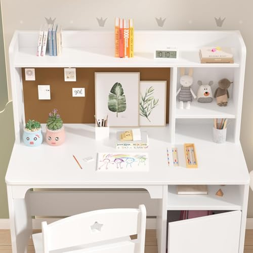 Garvee Set scrivania e sedia per bambini – Libreria e armadietto inclusi – Tavolo studio ergonomico in legno con spazio portariviste – Per camera o studio, 3-8 anni – Colore bianco