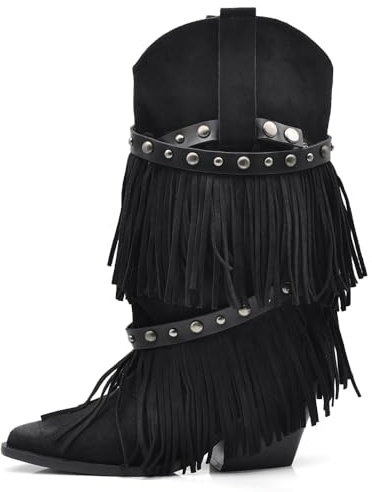 IF Stivali Texani da Donna Western Cowboy Cowgirl in Camoscio Sintetico con Borchie e Frange Rimovibili a 3 Strati Tacco Medio Stile Camperos GA053 Nero N.38
