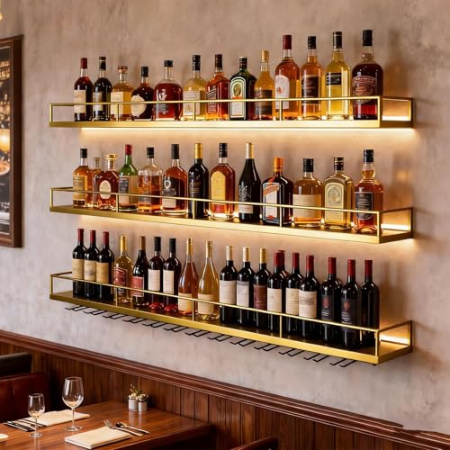 100cm Wall Mounted Wine Rack with LED Light & Glasses Holders, 3 Tiers Bar Wine Display Rack, Sturdy Metal Frame,Hanging Wine Bottle Storage Organizer,for Home Bar, Kitchen, Restaurant (gold, 100cm)