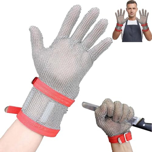 Kgfvesdc Schnittfeste Handschuhe Arbeit,Kettenhandschuh KüChe Level 9,Hohe Anti-Schneidenferigkeit,Langlebig, Rostfrei,FüR Fleischverarbeitung,Maschinenbau, AusternöFfnen(8 cm verlängert-L)
