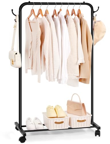 Relquorax Porte-vêtements sur roulettes, tringle à vêtements avec grille de rangement, porte-manteau en métal robuste pour vêtements, manteaux, noir