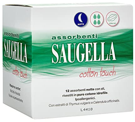 Saugella Assorbenti Cotton Touch Notte, 12 Assorbenti Cotone Notte con Ali, Azione Antibatterica, Antiodore e Lenitiva