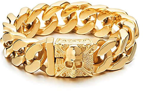 COOLSTEELANDBEYOND Herren Großes Edelstahl Gold Panzerkette Armband mit Fleur de Lis und Schädel, Biker Gotik, Poliert