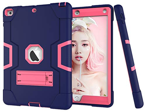HyFone Coque pour iPad 9.7 2018/2017 6ème/5ème Génération - Robuste Antichoc Heavy Duty Durable Protection Corporelle Complète Cover Case pour iPad A1893 A1954 A1822 A1823 - [Bleu Marin/Rose Rouge]