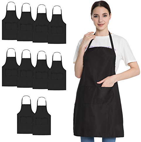 Hi loyaya Black Apron with Pockets for Women Men Adult Chef, Set of 10 Bulk Kitchen Aprons for Cooking Baking Restaurant Painting DIY BBQ (10, Black)