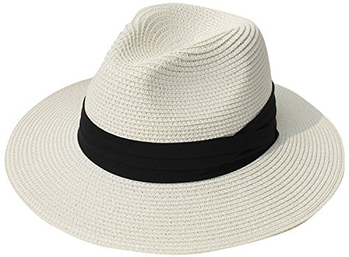 DRESHOW Damen Panama Hut Fedora Strand Sonnenhut Breiter Rand Stroh Aufrollen Hut UPF 50+