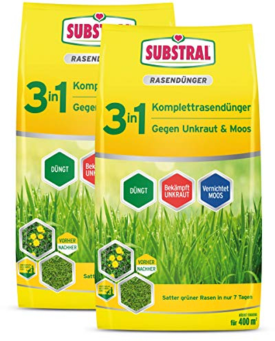 Substral 3 in 1 Komplett Rasendünger mit Unkrautvernichter und Moosvernichter, 28 kg für 800 m²