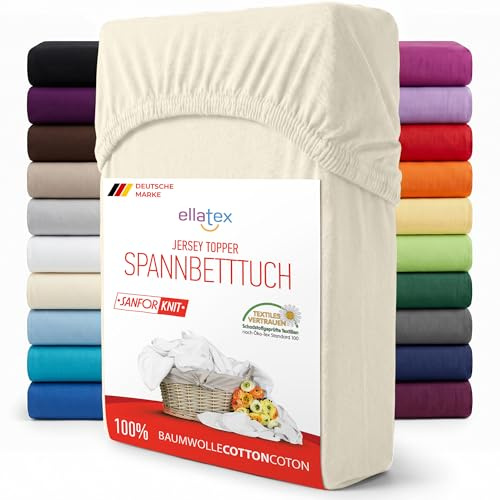 EllaTex Jersey Topper Spannbettlaken 200x200–200x220 – 100% Baumwolle, für Topper bis 12 cm Höhe, elastisch & passgenau, Farbe: Natur