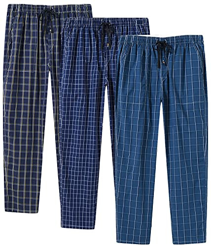 MoFiz Uomo Pantaloni Pigiama 100% Cotone Vita Elasticizzata Lungo Pantaloni da Casa a Quadri Leggero Traspirante con Tasche 3Pack-E XL