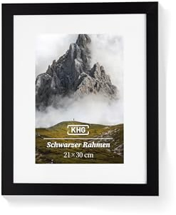 KHG Premium-Bilderrahmen 21x30 cm schwarz, stabile Glasfront, für Zuhause | hochwertiges Passepartout & MDF-Holzrahmen für Fotos, Poster, Zertifikate & Collagen, vielseitig einsetzbar