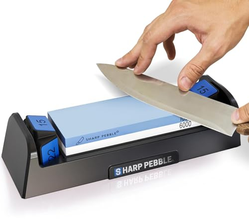 Sharp Pebble Complete Whetstone Knife Sharpening System – 1000/6000 Grit Wet Stone Sharpener Kit with Built-In Angle Guides (15°/17°/20°/22°) – Beginner-Friendly