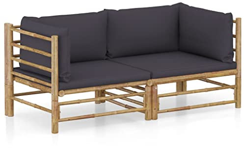Hommdiy Bambus Gartenmöbel 2-TLG. mit Cremeweißen Kissen Garten Garnitur Sitzgruppe Sofa Gartensofa Gartenset Sitzgarnitur Lounge Ecksofa (Dunkelgrau)