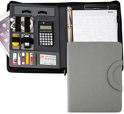 Carpeta de Conferencias Zipper Cuero, organizador de conferencias de negocios, bloc de notas, bolsa de carpeta para mujeres/hombres (con calculadora, gris claro)
