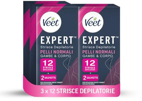 Veet Expert Strisce Depilatorie Gambe e Corpo, Ceretta per Pelli Normali con Burro di Karitè, Dermatologicamente Testate, 3 confezioni da 6x2 strisce