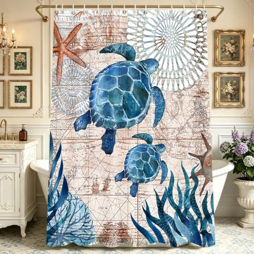 Lerores Duschvorhang 240x200cm Meeresschildkröte, Beschwerter Saum Antischimmel, Wasserabweisend, Waschbar Polyester Stoff Badevorhänge mit Ösen und 16 Duschvorhangringe für Badezimmer, Badewanne