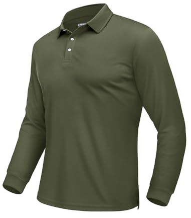EKLENTSON Golf Polo Shirts for Mens Long Sleeve Sports Work Casual Collared Shirts Full Sleeve Breathable Tactical Military T Shirts Army Green,L
