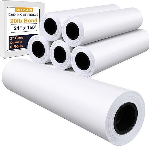 VOISEN 6 ROLLS Plotter Paper,CAD Bond Rolls 24 x 150',33lb,Bond Paper on 2 Core for CAD Printing on Wide Format Ink Jet Printers