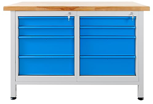 PROREGAL Werkbank Rhino mit 8 Schubladen | HxBxT 84x120x60cm | Traglast 300kg | Lichtgrau/Lichtblau | Werkstatttisch Werktisch Packtisch Arbeitstisch