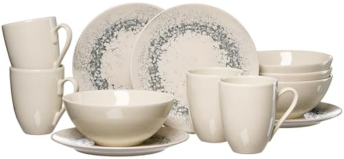 Ritzenhoff & Breker Cecina Frühstücks-Set 12-teilig, Kaffeebecher (320 ml) Müslischalen (16 cm) und Dessertteller (20 cm) für 4 Personen, Modernes Trendgeschirr, Steinzeug, Creme - Graphit