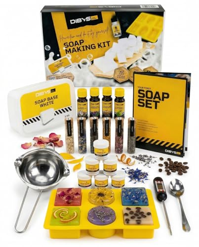 DIBYS Kit Sapone Fai da Te Creativo | Base di Glicerina Bianca senza SLS | Set Completo per Realizzare Saponette con Oli Profumati, Coloranti ed Erbe | Idea Regalo