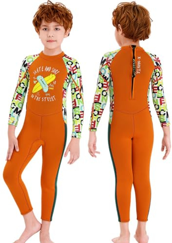 WYYHAA Kids Wetsuit for Boys Girls Toddlers, 2.5Mm Neoprene UPF 50+ Back Zip Diving Suits, Full Body Keep Warm Swimsuits for Swimming Surfing,Boys Orange,XL
