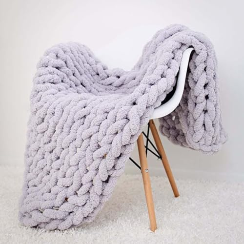 Dazzluxe Chunky Knit Filt, Mjuk Chenille Garn Throw, Handgjord Tjock Kabelstickad Virkfilt, Stor Stickad för Soffinredning, Ljusgrå, 100 * 200 cm