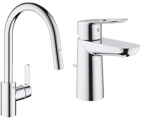 GROHE Robinet de cuisine évier Get, Robinet avec douchette extractible, Bec en forme & Mitigeur Lavabo Bauloop 23335000 (Import Allemagne), Chromé, Ancienne version