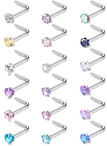 Chriscoco 18 Stück 20G Nasenpiercing Stecker Chirurgenstahl Nostril Piercing Zirconia Opal Piercing Nase Silber Nasenstecker Nasenpiercing Schmuck für Damen Herren L-förmig