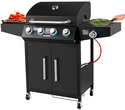 Gasgrill 4 Brenner inkl. Gasschlauch Grillwagen Gasgrill mit Seitenbrenner Beleuchtete Drehknöpfe Grillstation Gasgrillgerät Gasgrillstation Gaskocher Grill mit Gasbetrieb Gas-Außenküche Gasbarbecue
