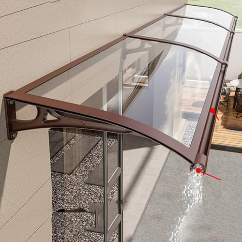 Marquise D'entrée Résistante Toit Abri Contre La Pluie et UV avec Plaque Solide en Polycarbonate Transparent Auvent de Porte D'entrée Grand évier Supports Aluminium Marron (80x410cm)