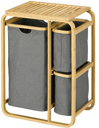 HOMCOM Panier à linge panier de rangement corbeille à linge bac linge sale en bambou 3 paniers amovibles et coulissants en non-tissé - 49l x 33P x 70H cm gris