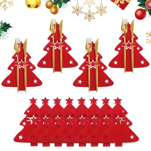 Figarge 12 Stück Weihnachten Besteckhalter Weihnachtsbaum Bestecktasche Filz Besteckbeutel Weihnachten Gabeln Löffel Besteck Halter Taschen Weihnachten Tischdeko für weihnachtstischdekoration (Rot)