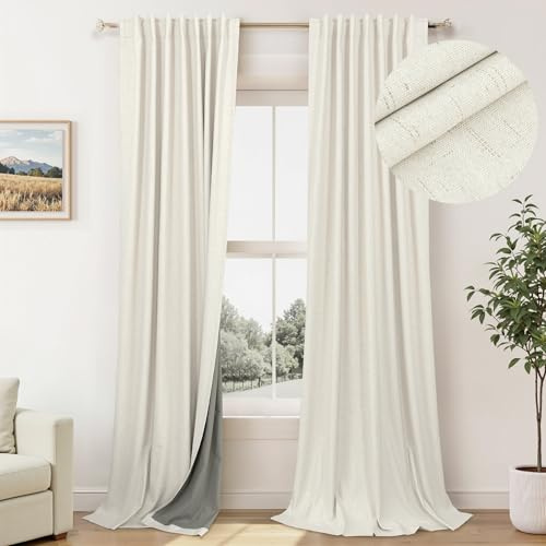 Total Blackout Curtains 96 Inches Long for Bedroom 2 Panel Cute Black Out Curtains for Living Room Light Blocking Thermal Noise Reduction Linen Textured Rustic Country 8ft Back Tab Pleated Cream Ivory