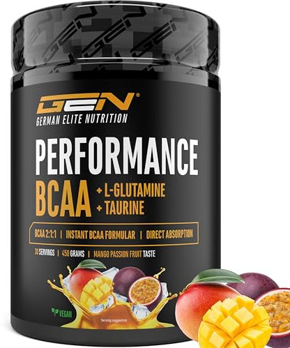 BCAA 450 g Pulver - Instant BCAAs + L-Glutamin + Taurin - Lecker & super Löslichkeit - Vegane Aminosäuren - 2:1:1 Ratio - (Mango Passionsfrucht)