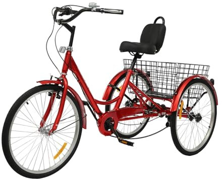 banborba 24 Zoll Dreirad für Erwachsene, 7 Gänge 3 Räder Fahrrad, Höhenverstellbar Dreirad, Cruise Bikes mit Rückenlehne Sitzkissen und Einkaufskorb, Seniorenfahrrad für Reisen, Einkaufen (Rot)
