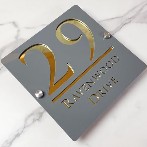 Personalisiertes 3D-Acryl-Hausnummernschild mit modernem Schriftzug, Adressschild für Geschäfte, Türschild (Grau & Gold)