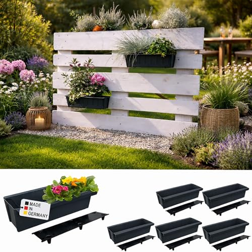 BURI 6 Paletten Blumenkasten Einsätze 37,3 cm Anthrazit Mit Hängesystem Set | BURI, Bewässerungsmatte, Europalette, UV-beständiger Kunststoff, wetterfest, Pflanzeinsatz, Balkon, Garten, langlebig