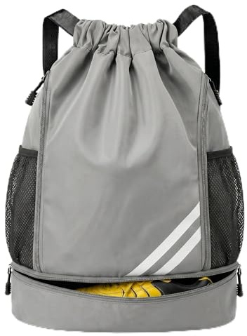 Adfuenom Kinder Sporttasche Turnbeutel Sportrucksack Sportbeutel Grau | Wasserdichter Schwimmrucksack mit Schuhfach für Jungen, Damen, Herren. Basketball, Fussballtasche, Netztaschen, Reflektoren.