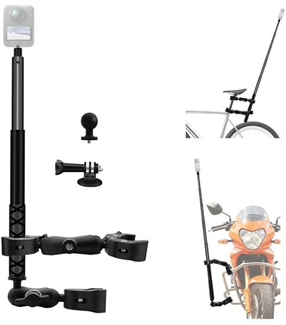 Moto Pince Support avec 47’’ Invisible Bâton Compatible avec Insta360 X5-X | Haute Résistance 360°Double Rotule Super Pince avec 47’’ Selfie Perche Compatible avec GoPro 13-3 Caméra D'action Vélo ATV
