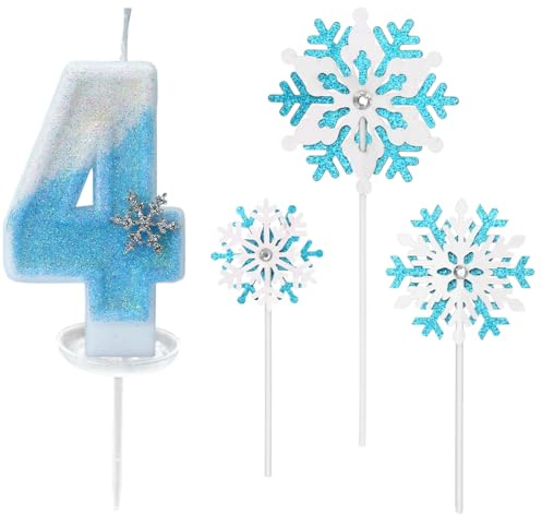 Glitzernde Zahlenkerze 4 mit Schneeflocken-Deko –Geburtstagskerze für Mädchen, Kerze 4 Geburtstag Kinder, Kerzen für Kuchen, Blau-weißer 3D-Glitzer & Tropfschutz