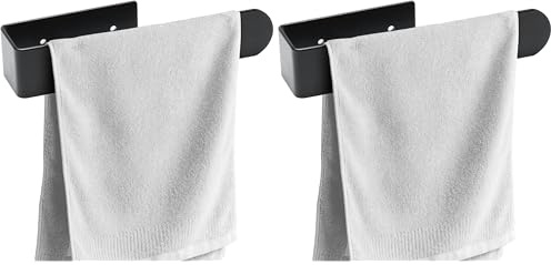 BillyBath Porte Serviette Salle de Bain Noir, Porte-Serviettes Murale Adhesif sans Perçage ou Perçage Installation, Porte Torchon Autocollant Support Serviette Cuisine (20 cm) (Lot de 2)