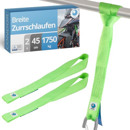 valonic CONDOR - 2x 45cm Cinghie di fissaggio, 35mm, 1750 Kg, certificate TÜV Rheinl., EN 12195-2 - verde, per fissare la moto durante il trasporto