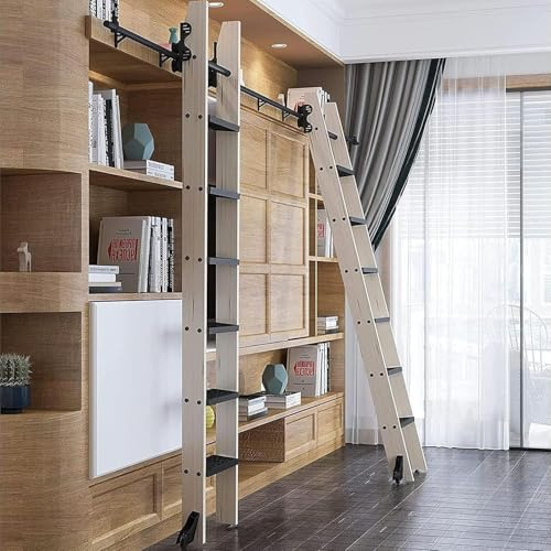 Kit de hardware de escalera de biblioteca rodante telescópico - deslizamiento con rodillos de piso para almacenamiento vertical, sin ocupar espacio de piso - fácil de instalar,9.8ft/300cm track kit